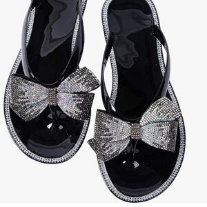Black Bow jelly sandals thong flip flops beach summer crystal rhinestone Barbie